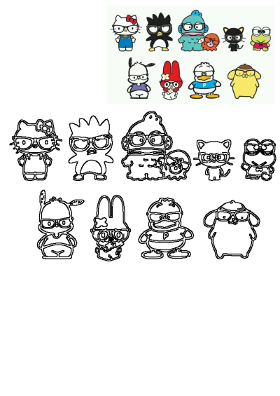 Popular Sanrio characters including Hello Kitty, Badtz-Maru, and Keroppi wearing glasses, shown in colorful illustrations and black outlines.