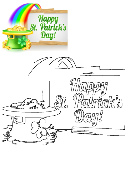 A vibrant St. Patrick's Day graphic featuring a leprechaun hat with gold coins, a rainbow, and a sign, plus a line art version.