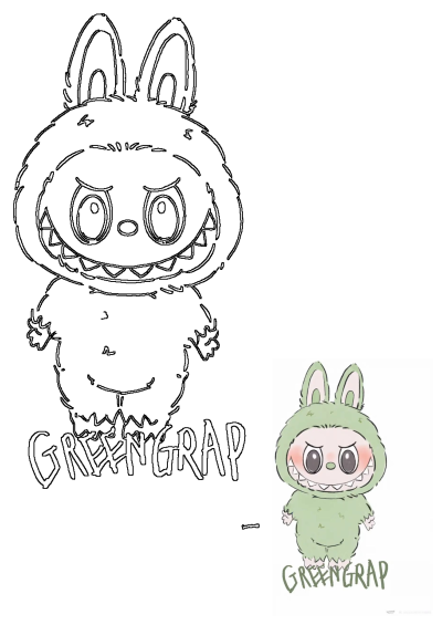 Green Grap cute monster bunny illustration featuring a bold black outline drawing of the character and a smaller colored version.
