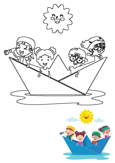 An outline clipart featuring happy children on an origami boat adventure, with one looking through a telescope and a smiling sun. Perfect for kids.