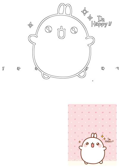 Happy Molang cartoon character smiling with rosy cheeks and "I'm Happy!!" text on a soft pink background with floral patterns.