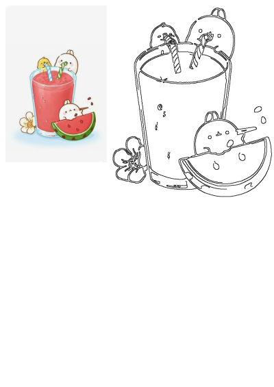 A vibrant watermelon smoothie with cute cartoon bears drinking, alongside a fresh watermelon slice and a flower. Perfect summer treat.