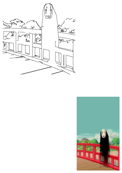 Spirited Away's No-Face stands on a vibrant red wooden bridge. Trees, traditional houses, and a blue sky create a serene background.