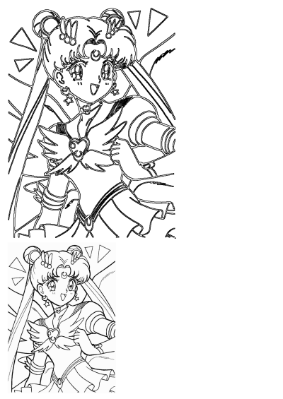 Detailed line art of Eternal Sailor Moon, Usagi Tsukino, in her powerful superhero uniform with the winged heart brooch. Great for coloring.