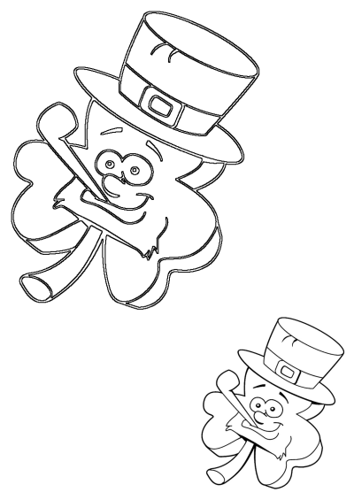Outline of a smiling cartoon shamrock character wearing a leprechaun hat with a buckle, perfect for St. Patrick's Day celebrations.
