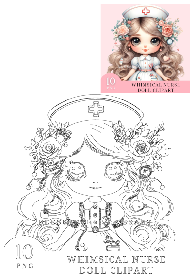 Whimsical nurse doll clipart: cute girl with nurse hat, long wavy hair, flowers, and sparkling eyes. Perfect for healthcare themes.
