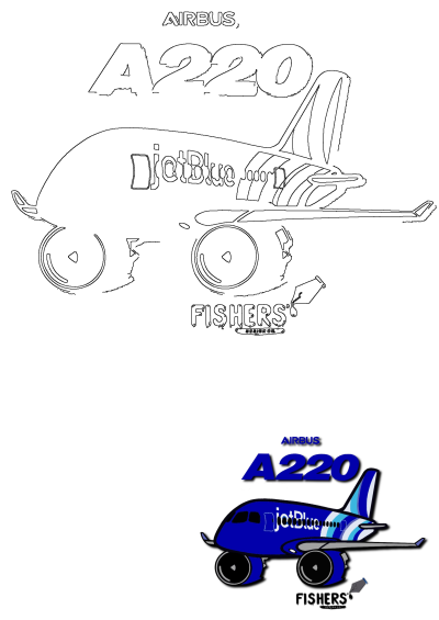 A cute cartoon JetBlue Airbus A220 airplane with wheels and a distinct logo, presented in both outline and vibrant colored versions.