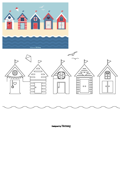 Vibrant beach huts on a sandy shore with gentle waves. Features colorful striped and solid huts, flags, seagulls, and a kite under a blue sky.