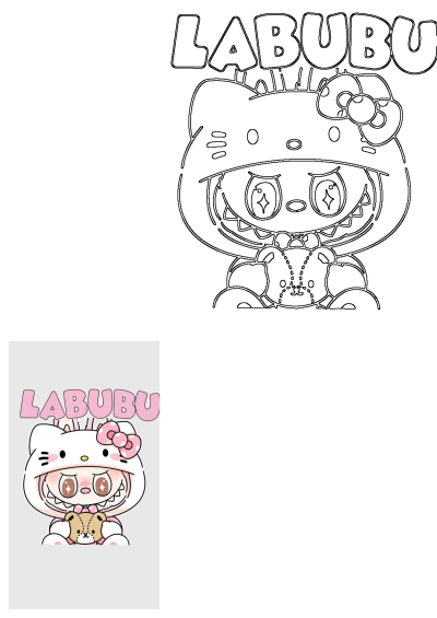 A charming Labubu character dressed in a Hello Kitty costume, holding a cute teddy bear. Features 'LABUBU' text, ideal for fans of kawaii art.