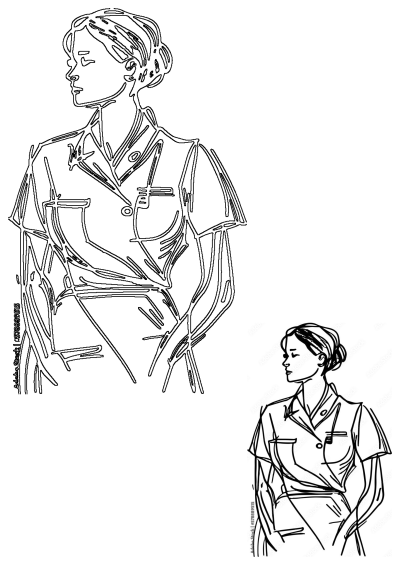 Minimalist line art illustration of a woman in a professional uniform, shown in profile. Elegant black and white drawing of a female worker.