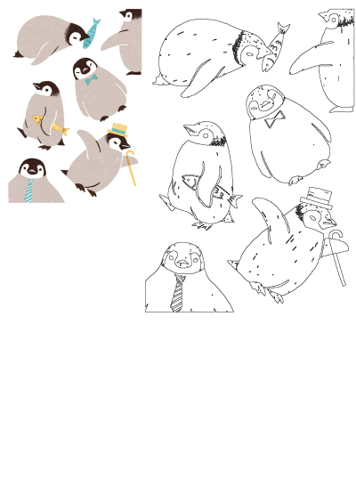 Cute illustrated penguins, in colored and outline styles, featuring stylish hats, bowties, ties, and some holding fish.