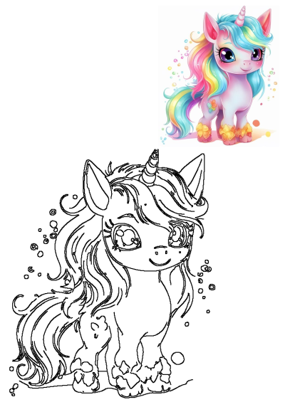 A charming, sparkling rainbow unicorn with a pink body and floral hooves, shown next to its black outline drawing for kids to color.