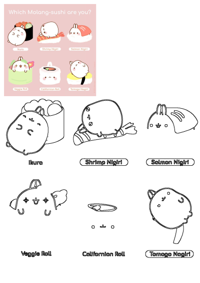 Cute Molang sushi cartoon avatars, illustrating various sushi types like nigiri and rolls in vibrant colors and black outlines.