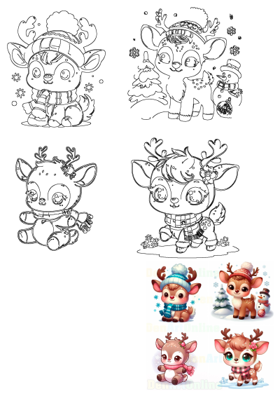 Cute baby reindeer illustrations for winter and Christmas. Includes black and white line art and colorful designs with festive hats, scarves, and snowmen.