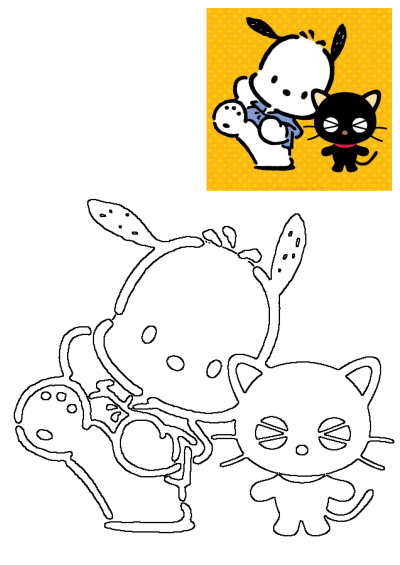 A vibrant Sanrio illustration featuring Pochacco and a black cat on a yellow polka-dot background, alongside a matching black outline drawing.