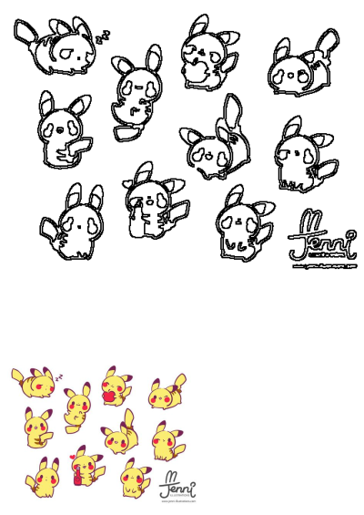 Cute kawaii Pokemon Pikachu sticker illustrations featuring varied poses, including outlines and vibrant colored versions by Jenni.