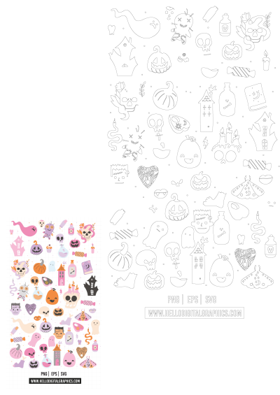 Cute Halloween vector graphics featuring ghosts, pumpkins, skulls, haunted houses & candies, perfect for spooky designs.