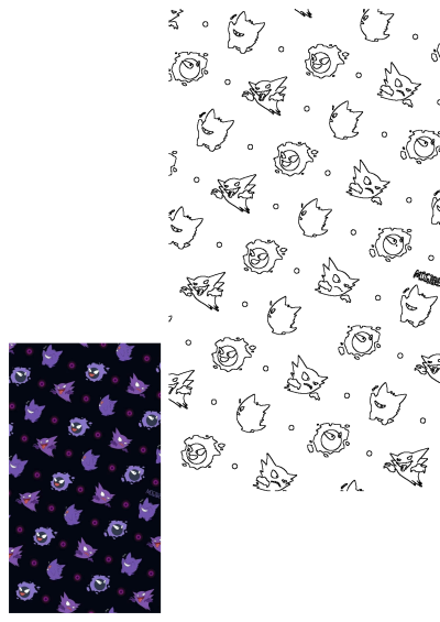 A vibrant seamless purple and black pattern featuring Ghastly, Haunter, and Gengar Pokémon, alongside its black and white outline version.