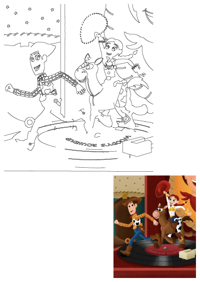 Toy Story cartoon characters Woody and Jessie, riding Bullseye, are on a 'Woody's Roundup' record player, ready for adventure.