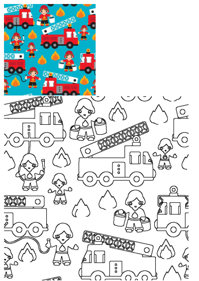 Delightful blue children's wallpaper featuring a seamless pattern of cartoon firemen, red trucks, and flames, with a matching outline art for creativity.