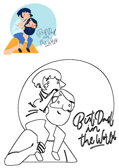 Vibrant illustration of a dad with a child on his shoulders, celebrating "Best Dad In The World." Also includes a black & white outline.