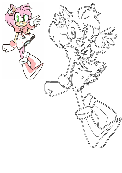 Cartoon Amy Rose Pink Hair Character in a full-body pose with pink dress and bow, featured next to its detailed line art drawing.