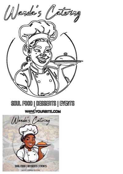 Wardas Catering Woman Chef Tray Food Logo. A smiling chef presents a covered food tray, ideal for soul food, desserts, and event catering.