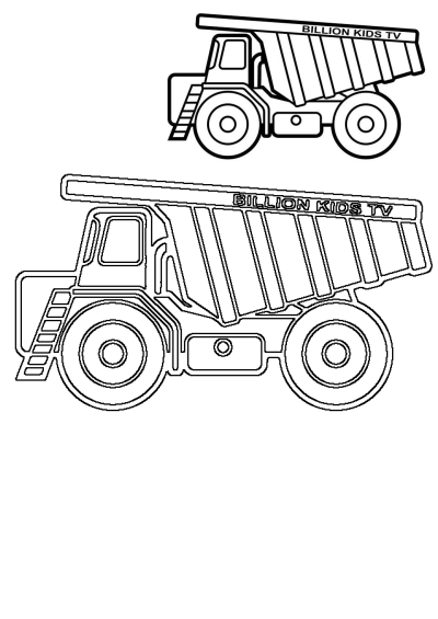 Outline drawing of a Billion Kids TV dump truck, perfect for kids to color and learn about construction vehicles.