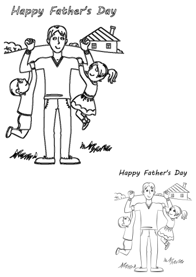 Happy Father's Day outline drawing depicting a dad playfully swinging his children, a boy and a girl, outdoors near a house. Ideal for celebrating dads.