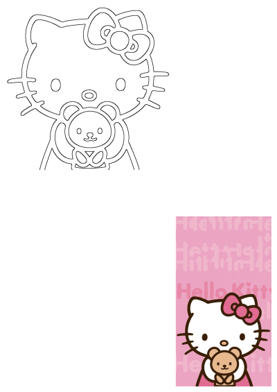 Hello Kitty cartoon character with pink bow, holding a teddy bear on a pink background, alongside a black outline drawing.