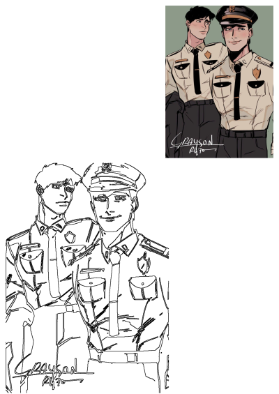 A comic art depiction by Grayson of two men in police uniforms, featuring both a colored and a detailed line art version of the officers.