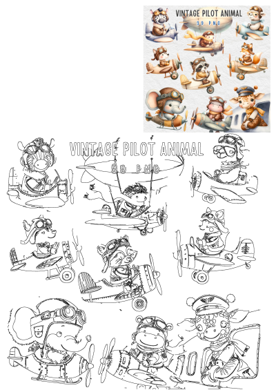 Vintage animal pilots clipart set featuring cute cartoon animals flying planes & dirigible; includes colored and outline versions.