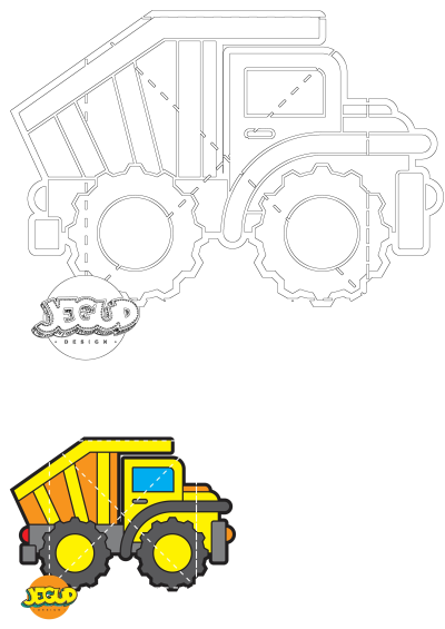 A cheerful cartoon dump truck illustration, colored in yellow and orange, presented with its black outline template for design projects.