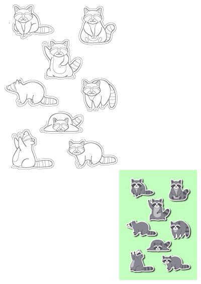 A sheet of cute cartoon raccoon stickers, presented as both playful outlines and vibrant colored illustrations in various poses.
