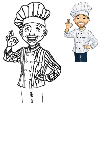 A cheerful cartoon chef, bearded and in uniform, makes an 'OK' sign. Perfect smiling male mascot for culinary or restaurant themes.
