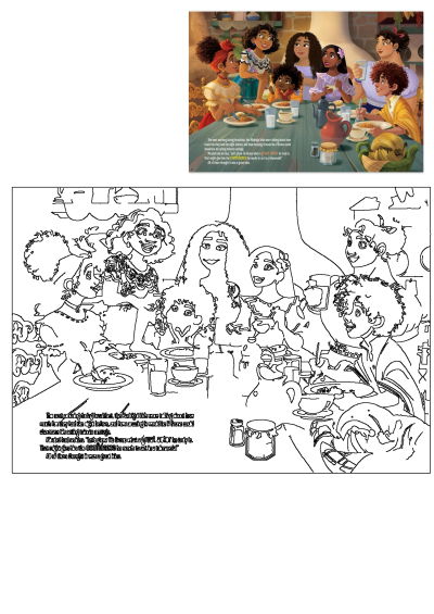 Vibrant Madrigal family animated movie scene shows them enjoying breakfast and coffee, along with a black and white coloring outline.