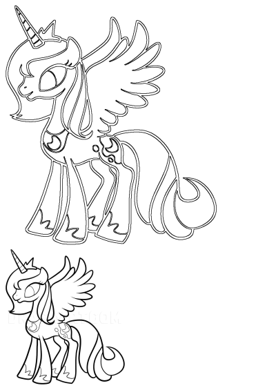 Black and white outline of My Little Pony's Princess Celestia, an alicorn with a horn, wings, crown, and sun cutie mark, ready to be colored.
