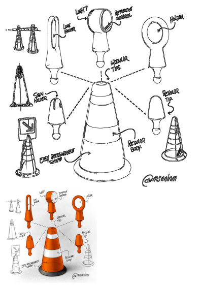 A detailed diagram illustrating a modular traffic cone design with various interchangeable tips for sign, light, and line holders.