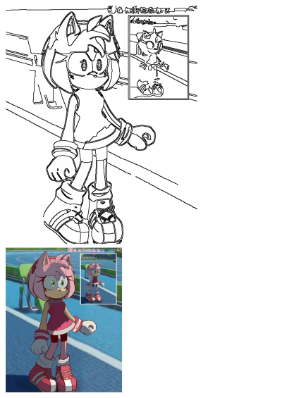 Outline drawing of Amy Rose, the animated Sonic cartoon character, on a tennis court, showcasing her iconic look.