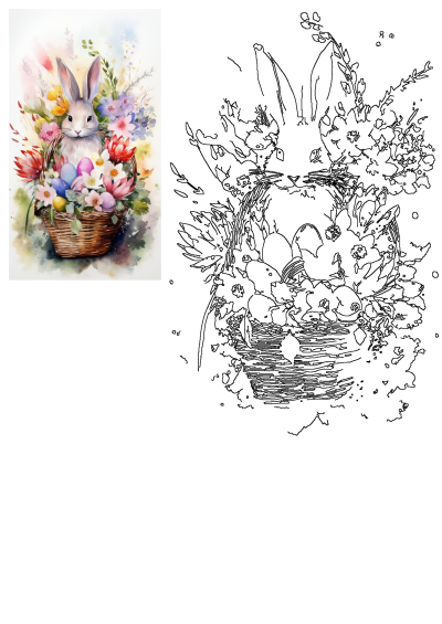 A charming watercolor bunny emerges from a basket filled with colorful spring flowers and pastel Easter eggs, perfect for the season.