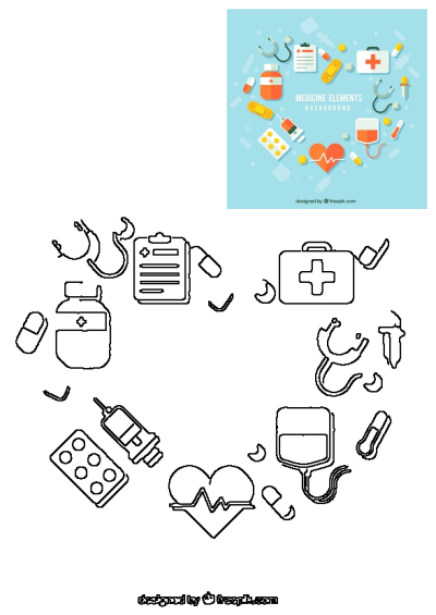Flat design illustration featuring various medical elements such as a stethoscope, pills, syringe, and first aid kit on a light blue background.