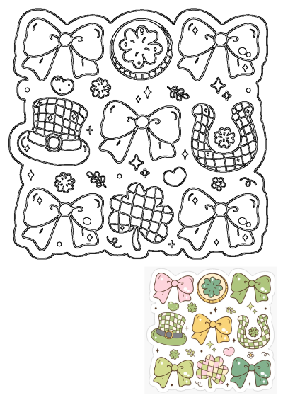St. Patrick's Day outline art featuring a collection of lucky charms: bows, shamrocks, leprechaun hat, horseshoe, and gold coin.