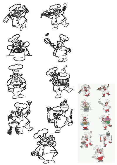 A vibrant collection of cartoon chefs, each showing a unique expression while engaged in diverse cooking activities like grilling, baking, and serving.