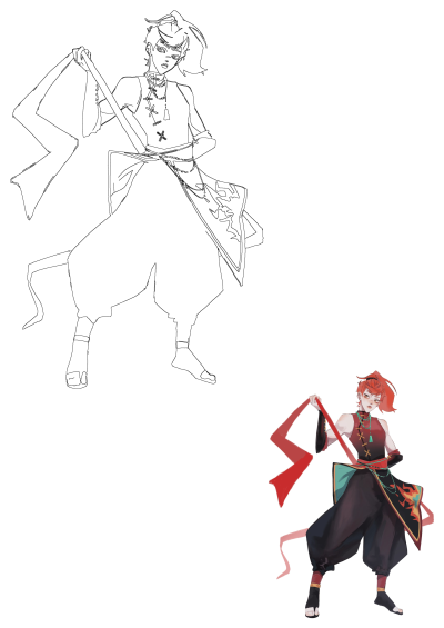 Dynamic illustration of Nezha in god form from Artstation, featuring bold red hair, traditional attire, and a flowing red sash. Includes line art.