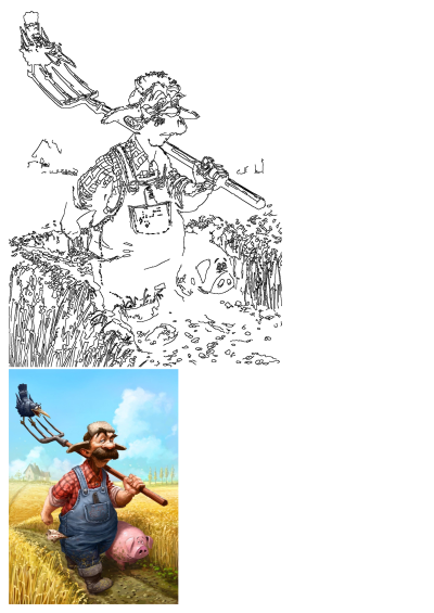 Cartoon farmer with a mustache in overalls carries a pitchfork with a bird, walking alongside a pink pig through a golden wheat field.