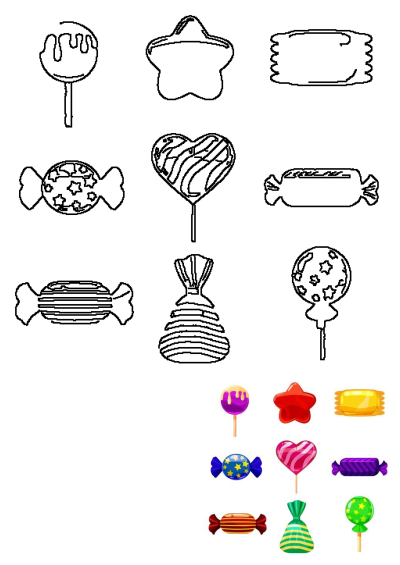 A vibrant assortment of colorful lollipops and candies along with their black and white outlines, presented on a white background.
