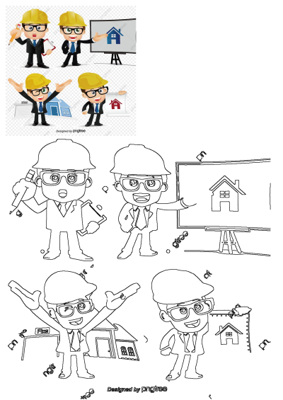 Cartoon construction workers and engineers in various poses, wearing hard hats, presenting blueprints and building designs.