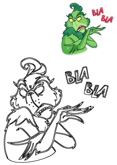 A funny Grinch character showcasing a sarcastic 'bla bla' attitude, depicted as a vibrant cartoon and a distinct outline drawing.