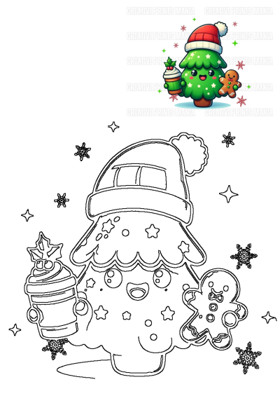 A cheerful Christmas tree wearing a Santa hat, holding a gingerbread man and a festive hot cocoa cup, surrounded by winter snowflakes and stars.