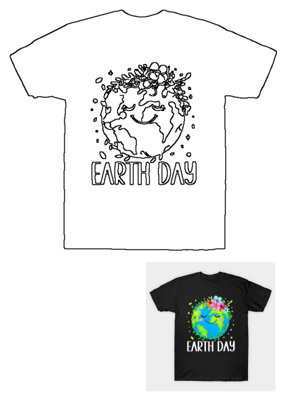 Outline of an Earth Day t-shirt design showcasing a smiling Earth with a flower crown and bold 'EARTH DAY' text.